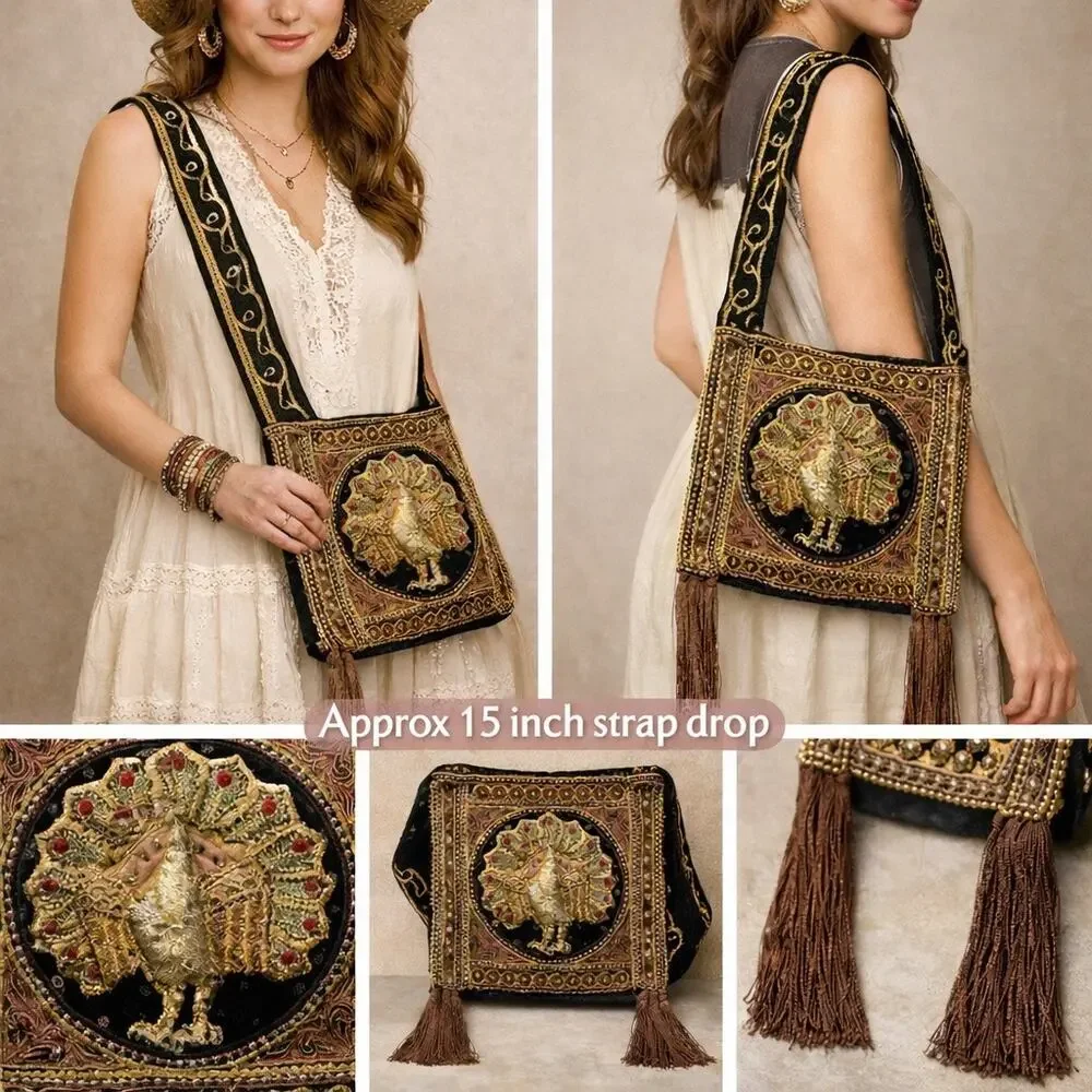 VTG 1970s Handmade Sequin & Beaded Thai Burmese Tapestry Hobo Peacock Kalaga Bag